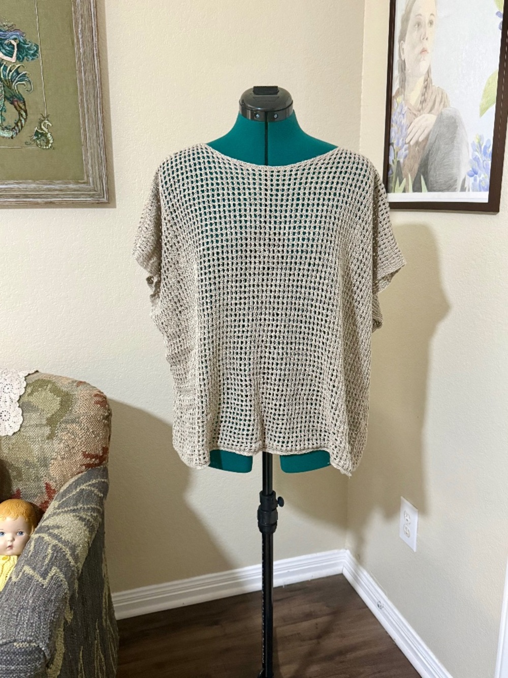 Eileen Fisher Organic Linen Open Knit Top – Size XL – Beige